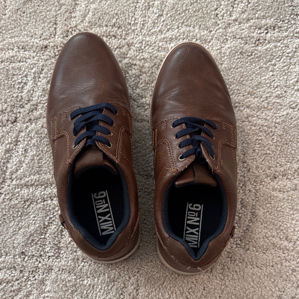 Boys Dark Brown Leather Lace-Up Oxfords with Navy Laces